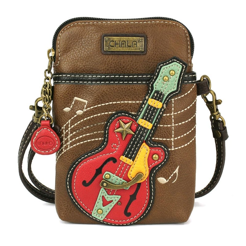 CHALA Arts Collection Cell Phone Crossbody Purse-Women PU Leather/Canvas Multicolor Handbag with Adjustable Strap - Guitar - brown - Image 1